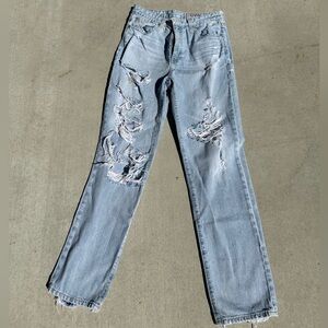 Aged Denim High Rise Distressed Straight Leg Jeans Size 27R